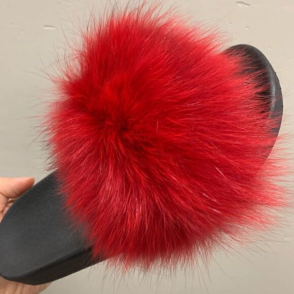 Handmade Red Fluffy Genuine Fox Fur Slippers, Soft Slide - Picture 7 of 12
